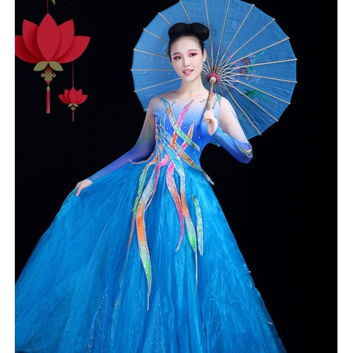 Turquoise blue yellow women's girls modern dance singers dancers jazz dj ds chorus stage performance new year party dancing dresses